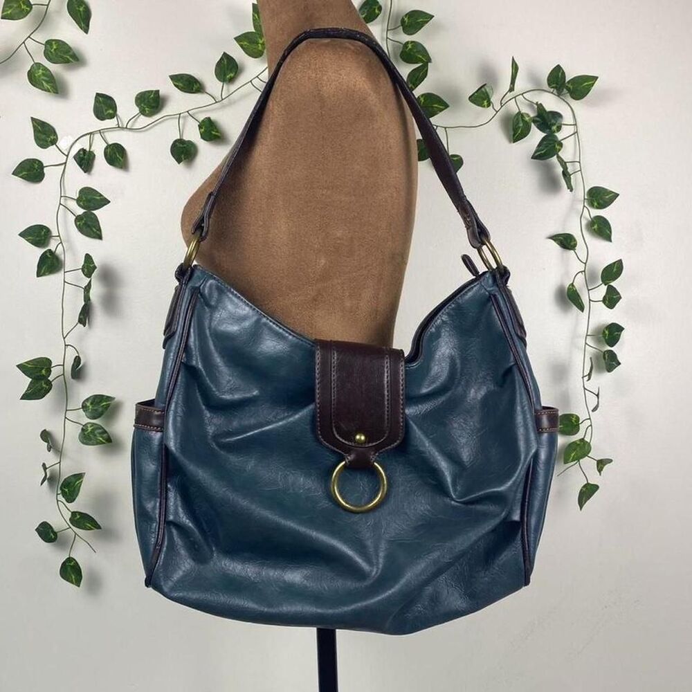 Nine &co by Nine West leather slouchy hobo bag teal brown fairy grunge indie y2k